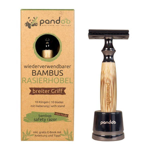 pandoo Rasierhobel breiter Griff Rasierhobel aus Bambus | inkl. 10 Klingen und E-Book | dünner oder breiter Griff
