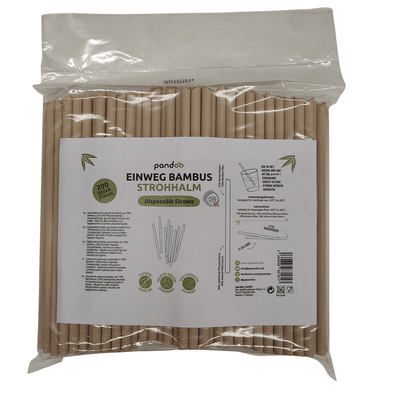 pandoo Strohhalm 200 Stück Plastikfreie Einweg-Strohhalme aus Pflanzenfasern