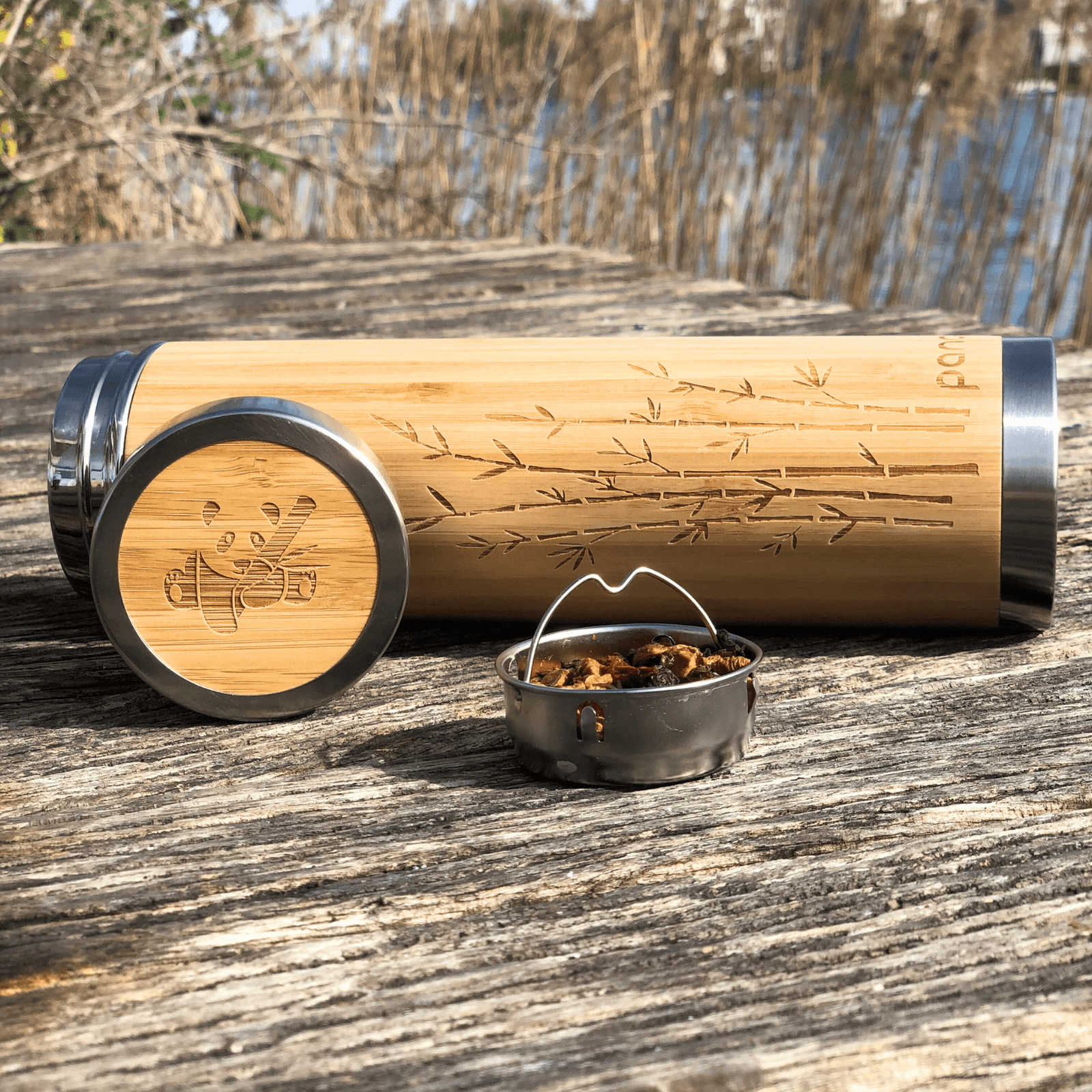 pandoo Thermobecher Bambus Thermobecher inklusive Teesieb | 360mL und 480mL Größe