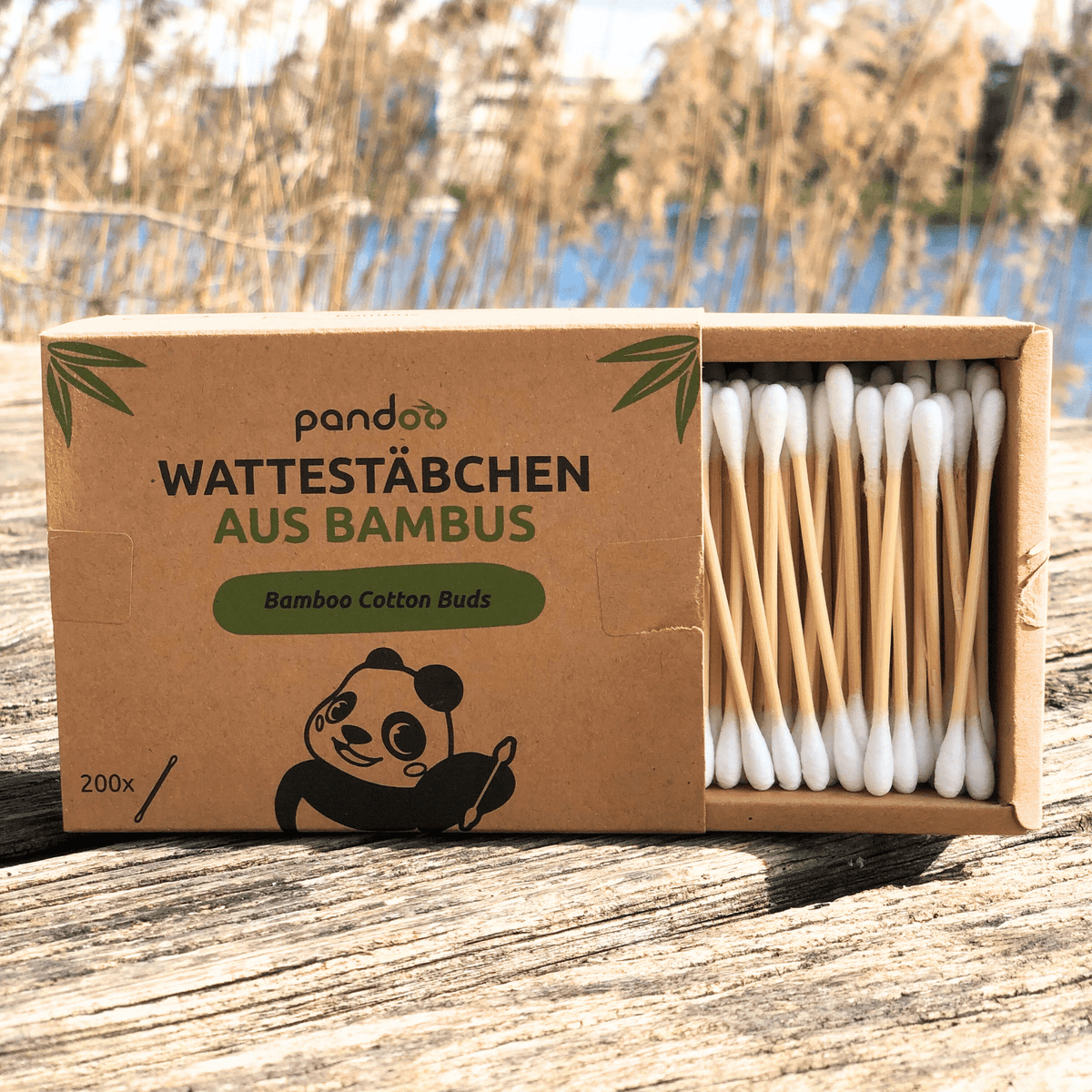 pandoo Wattestäbchen Plastikfreie Wattestäbchen aus Bambus und Bio-Baumwolle