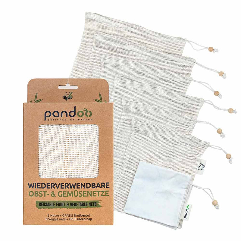 pandoo Gemüsenetz 6er Pack inkl. Brotbeutel Obst- und Gemüsenetze | 3er- und 6er-Set | Bio Baumwolle