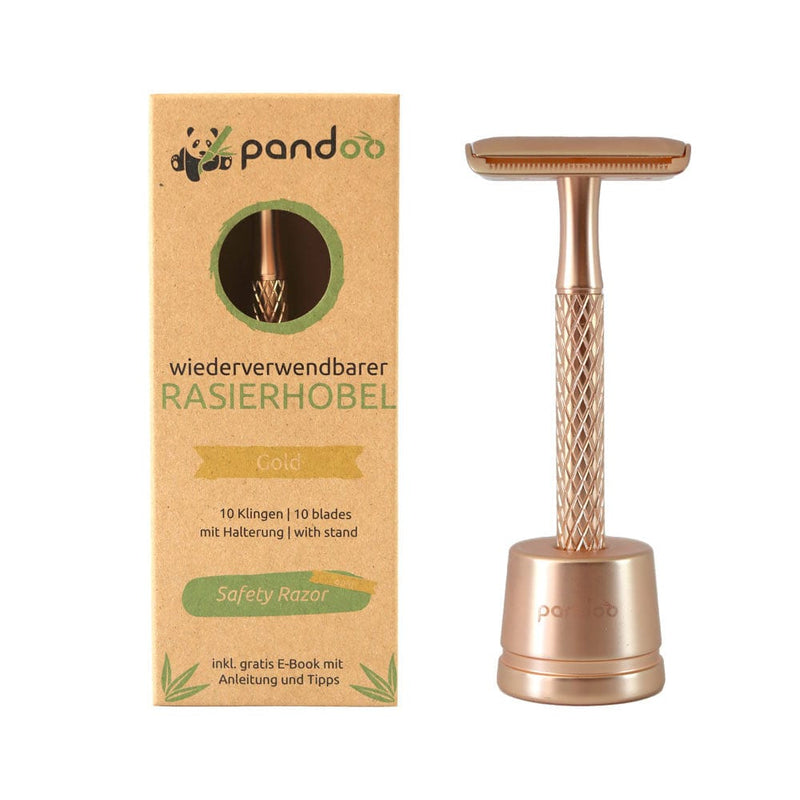 pandoo Rasierhobel Gold Rasierhobel aus Metall | inkl. 10 Klingen und E-Book | 7 Farben