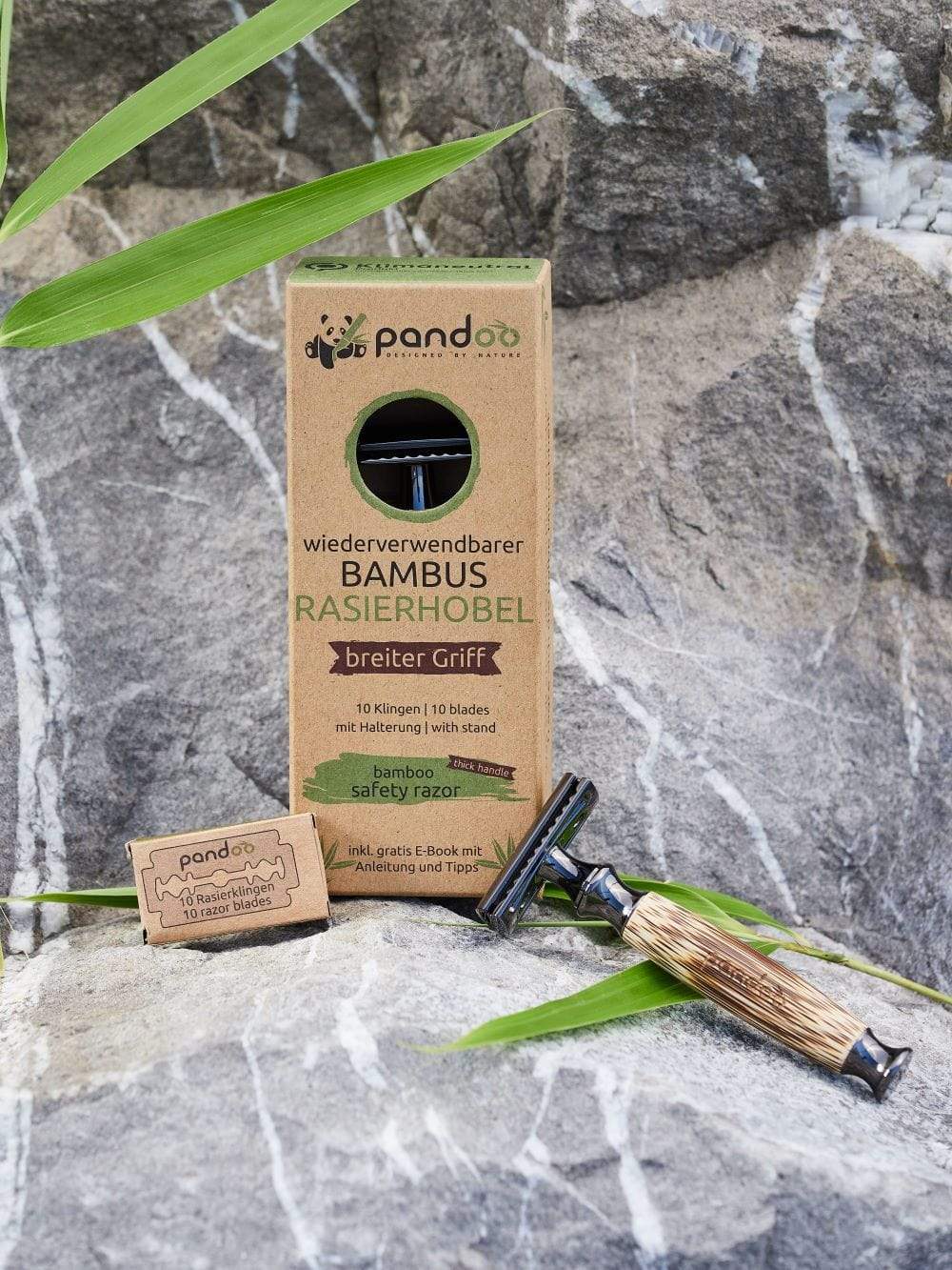 pandoo Rasierhobel Rasierhobel aus Bambus | inkl. 10 Klingen und E-Book | dünner oder breiter Griff