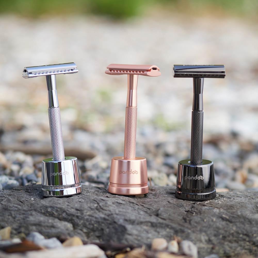 pandoo Rasierhobel Rasierhobel aus Metall | inkl. 10 Klingen und E-Book | Schwarz, Silver oder Rosé Gold