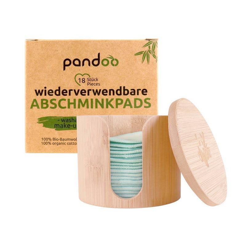 pandoo Wattepads 18 wiederverwendbare Abschminkpads | inkl Aufbewahrungsbox aus Bambus | 100% Bio Baumwolle